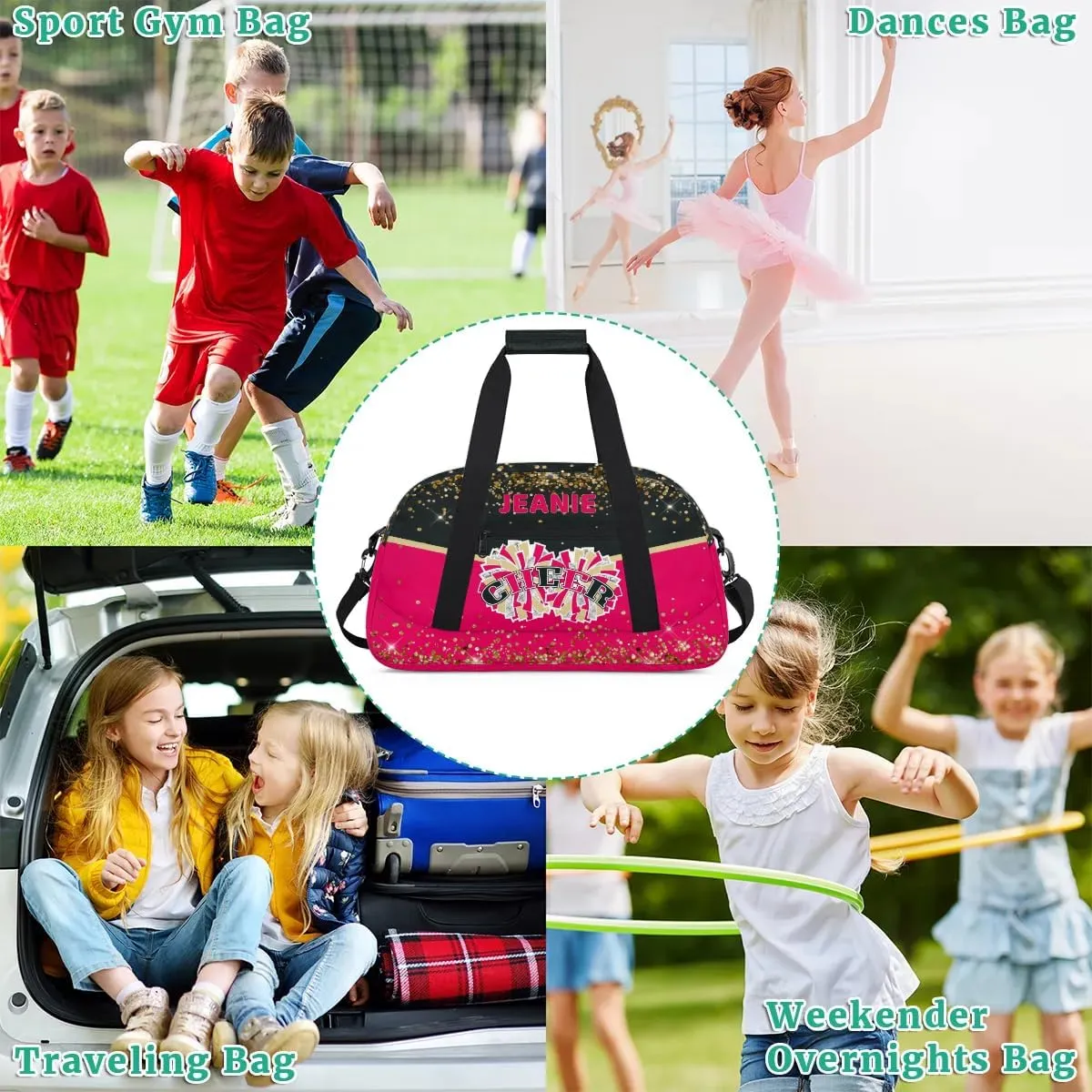 Personalized Cheer Gym Bags for Girls Kids Cheerleaders with Custom Name Sport Dance Perform Training Duffel Bags for Overnight Weekender Travel Black Red
