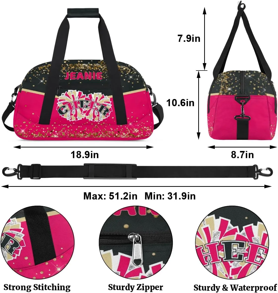 Personalized Cheer Gym Bags for Girls Kids Cheerleaders with Custom Name Sport Dance Perform Training Duffel Bags for Overnight Weekender Travel Black Red