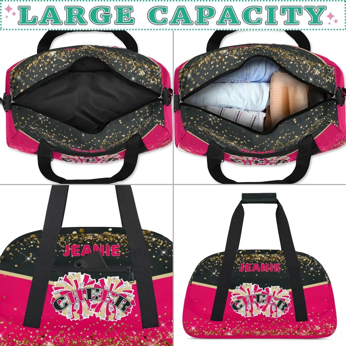 Personalized Cheer Gym Bags for Girls Kids Cheerleaders with Custom Name Sport Dance Perform Training Duffel Bags for Overnight Weekender Travel Black Red