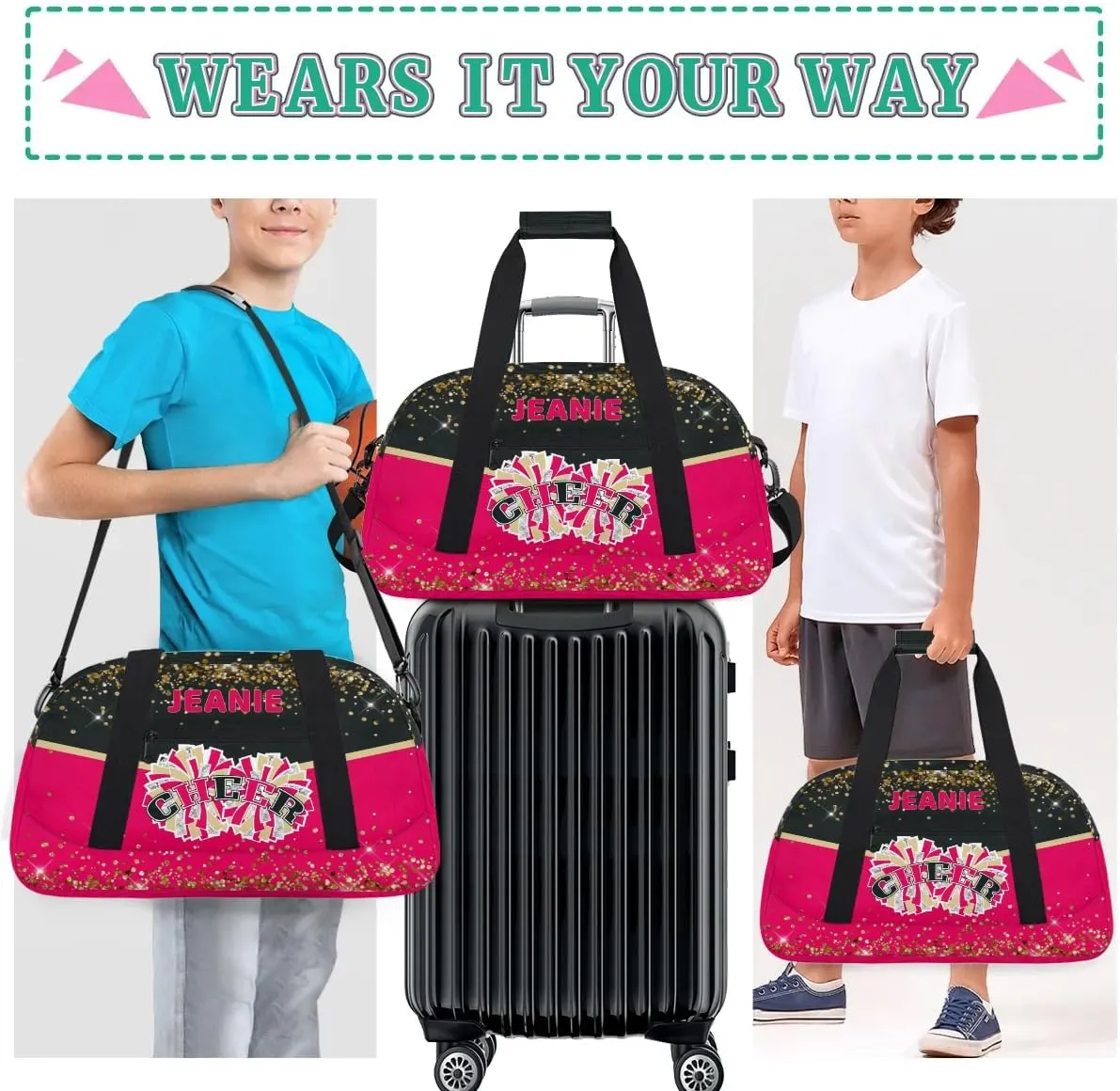 Personalized Cheer Gym Bags for Girls Kids Cheerleaders with Custom Name Sport Dance Perform Training Duffel Bags for Overnight Weekender Travel Black Red
