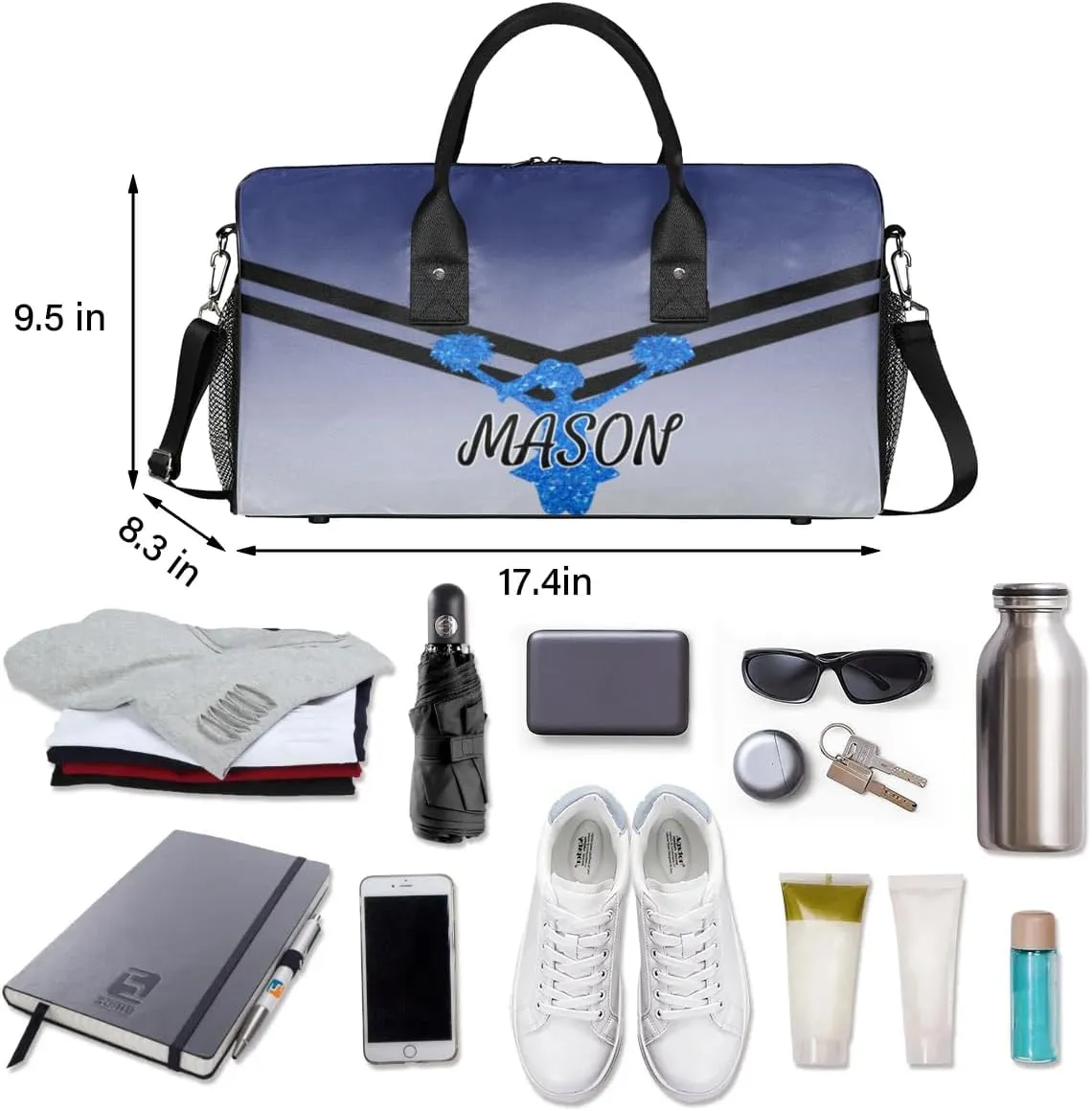 Personalized Cheerleader Cheer Bag for Women, Sport Duffel Bag with Name Customized Travel Overnight Weekender Bags, Cobalt Blue Gradient Cheerleader Silhouette