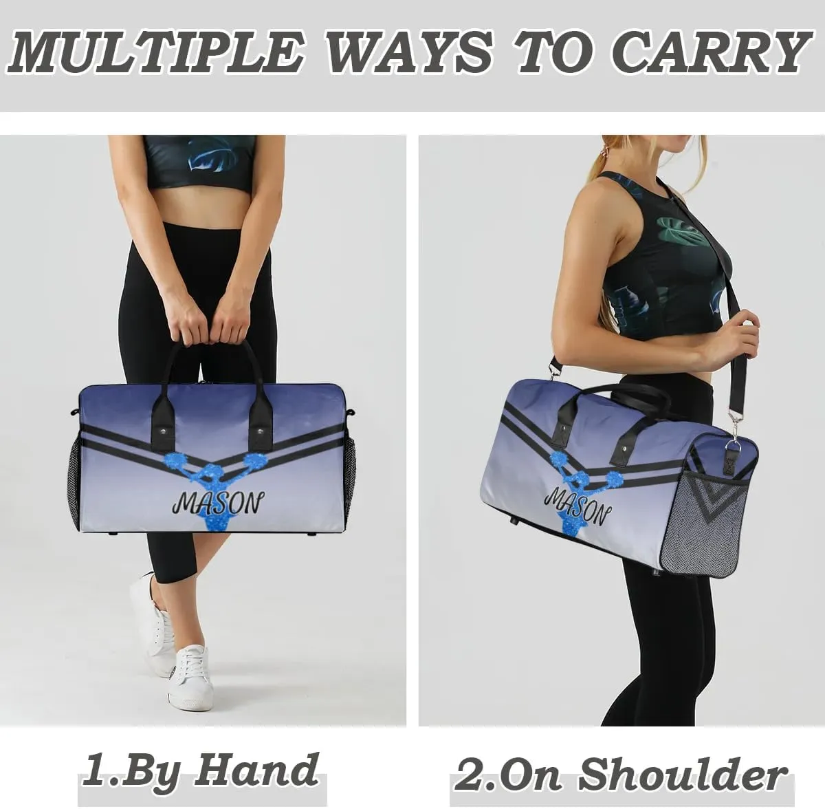 Personalized Cheerleader Cheer Bag for Women, Sport Duffel Bag with Name Customized Travel Overnight Weekender Bags, Cobalt Blue Gradient Cheerleader Silhouette