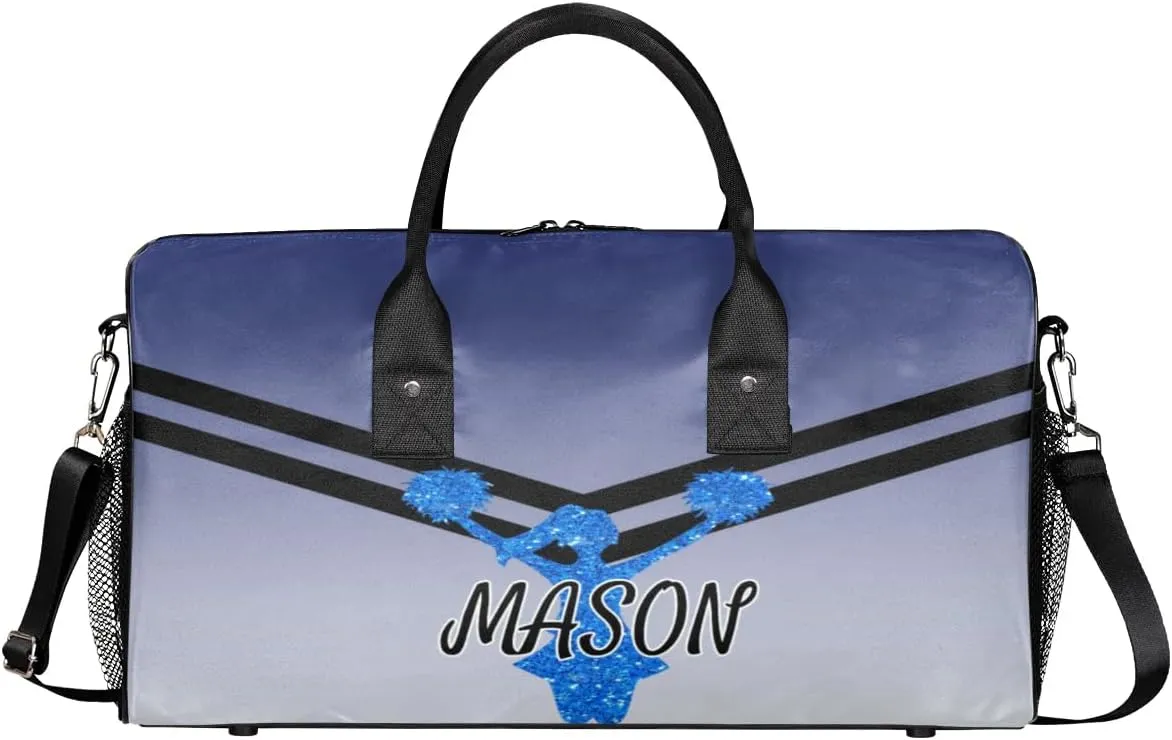 Personalized Cheerleader Cheer Bag for Women, Sport Duffel Bag with Name Customized Travel Overnight Weekender Bags, Cobalt Blue Gradient Cheerleader Silhouette