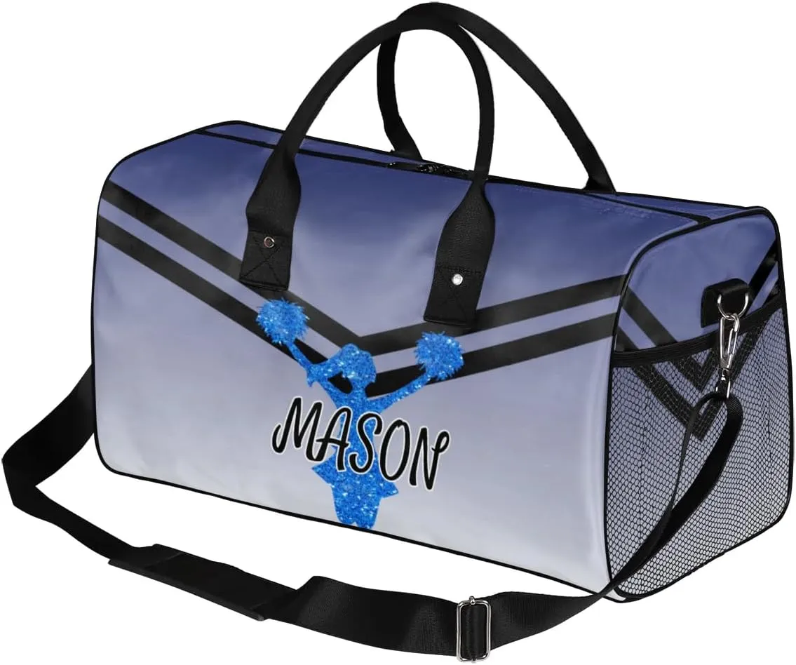 Personalized Cheerleader Cheer Bag for Women, Sport Duffel Bag with Name Customized Travel Overnight Weekender Bags, Cobalt Blue Gradient Cheerleader Silhouette