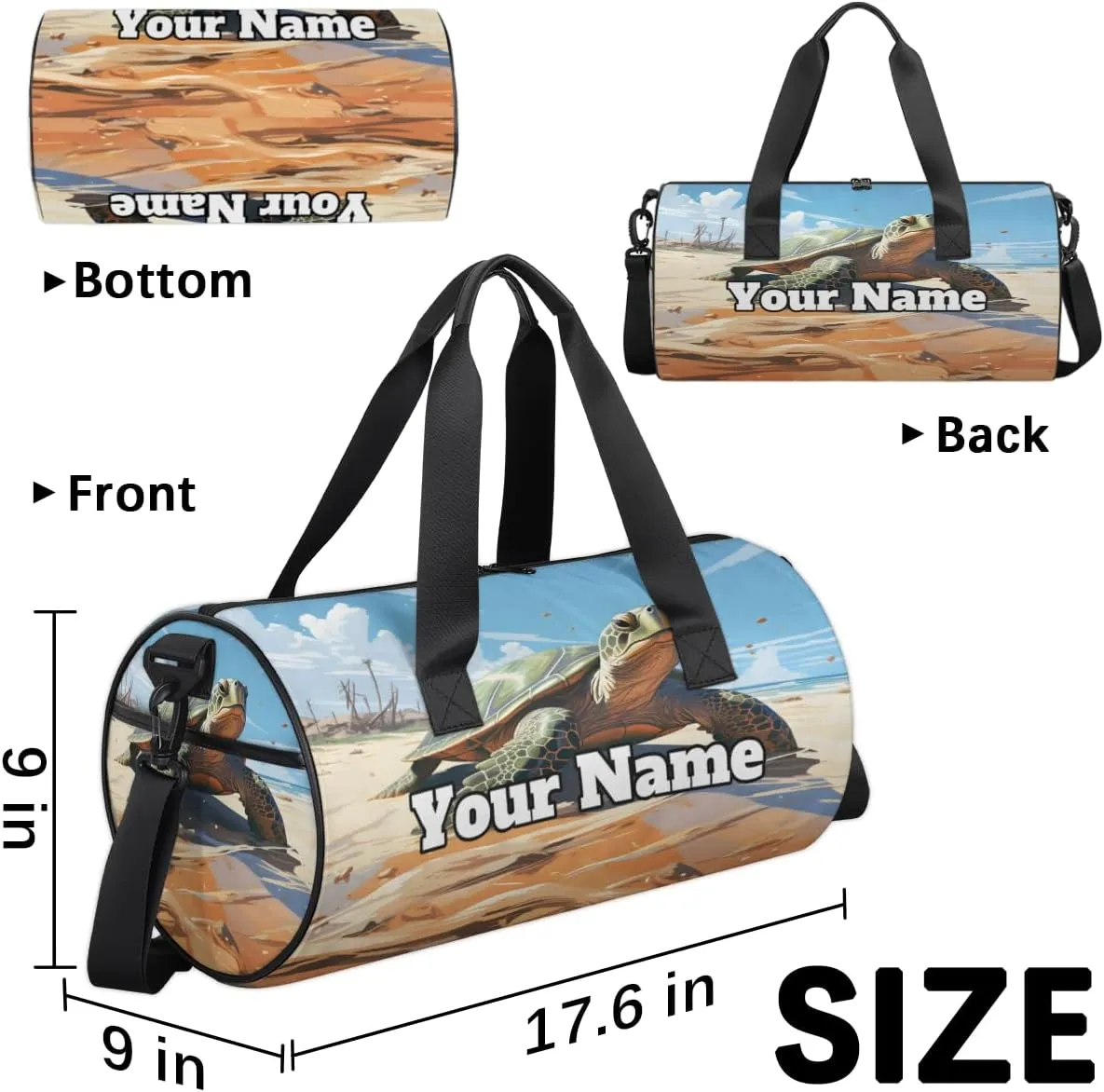 Personalized Coastal Turtle Sport Gym Bag, Custom Name Duffel Bags for Men, Waterproof Custom Sport Duffel Bag, Gymnastics Dance, Turtle