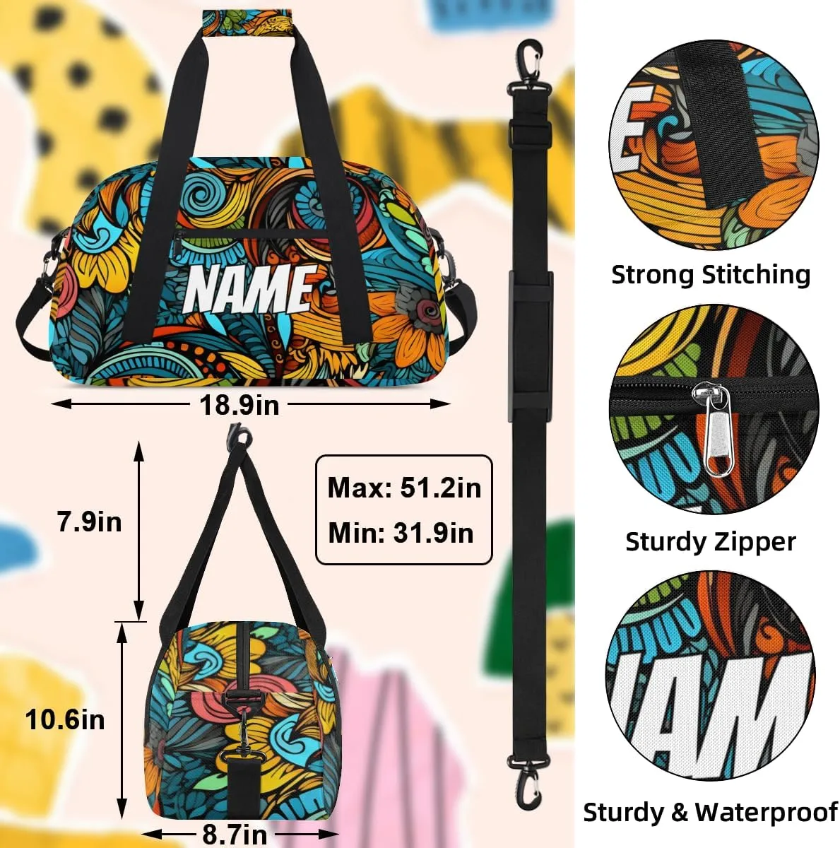 Personalized Custom Gym Bag for Women Men Carry on Tribe Flower Travel Duffel Tote Western Vintage Overnight Workout Weekender Bag