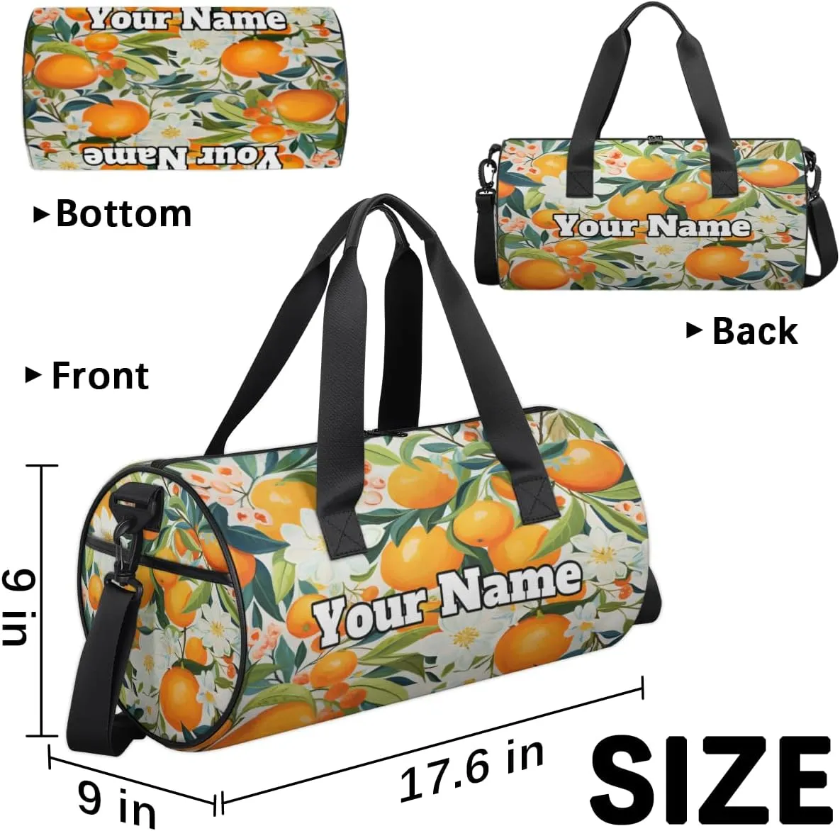 Personalized Cut Fruits Sport Gym Bag, Custom Name Duffel Bags for Men, Waterproof Custom Sport Duffel Bag, Gymnastics Dance, Floral