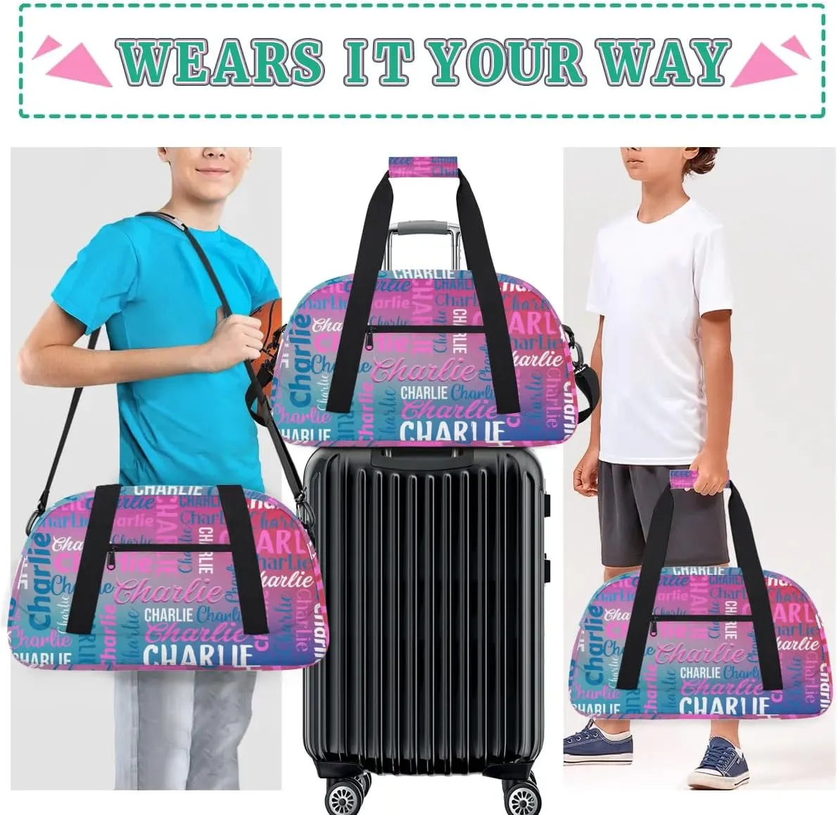 Personalized Dance Bag Duffel Bag for Girl, Custom Gym Bag Sport Duffel Bag, Ballet Bag Gymnastics Bag Cheerleader Weekender Bags Travel Bag for Kids Purple Blue Text Name