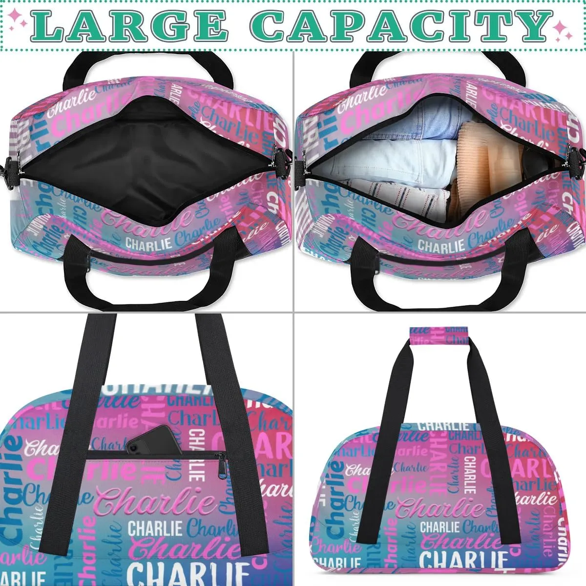 Personalized Dance Bag Duffel Bag for Girl, Custom Gym Bag Sport Duffel Bag, Ballet Bag Gymnastics Bag Cheerleader Weekender Bags Travel Bag for Kids Purple Blue Text Name