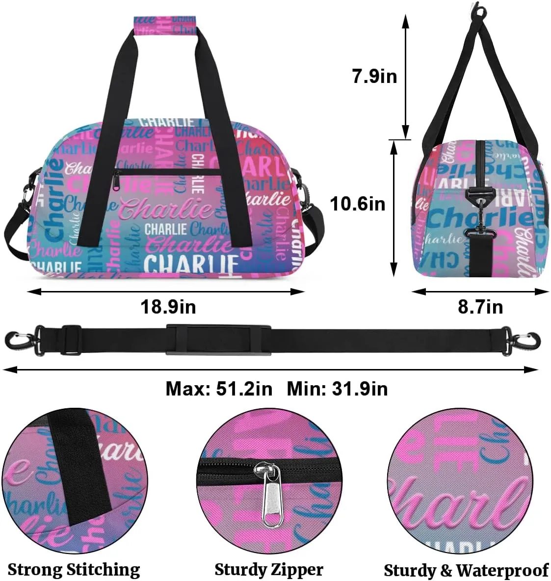 Personalized Dance Bag Duffel Bag for Girl, Custom Gym Bag Sport Duffel Bag, Ballet Bag Gymnastics Bag Cheerleader Weekender Bags Travel Bag for Kids Purple Blue Text Name