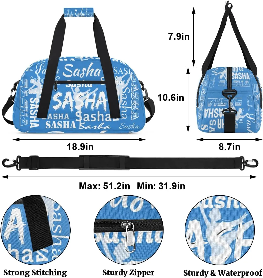 Personalized Dance Bag Duffel Bag for Women, Custom Gym Bag Sport Duffel Bag, Ballet Bag Cheerleader Weekender Bags Travel Bag for Ballet, Blue
