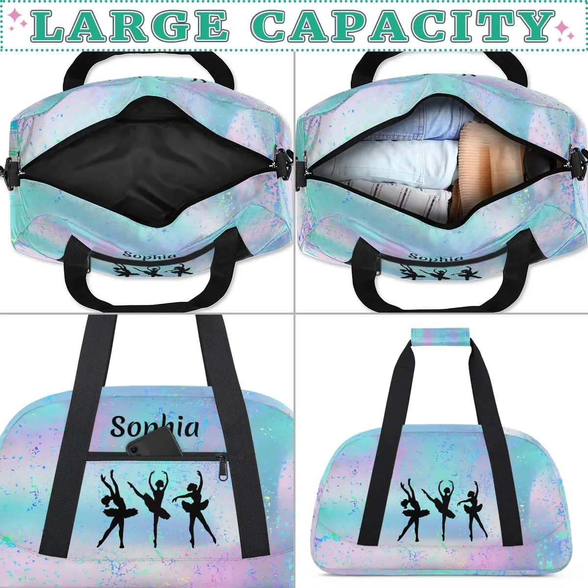Personalized Dance Bag Girl Sport Duffel Bag, Custom Kids Gym Bag, Customize Travel Duffle Bag with Name, Overnight Weekender Bags,Gradient Teal Pink, Dance Gifts