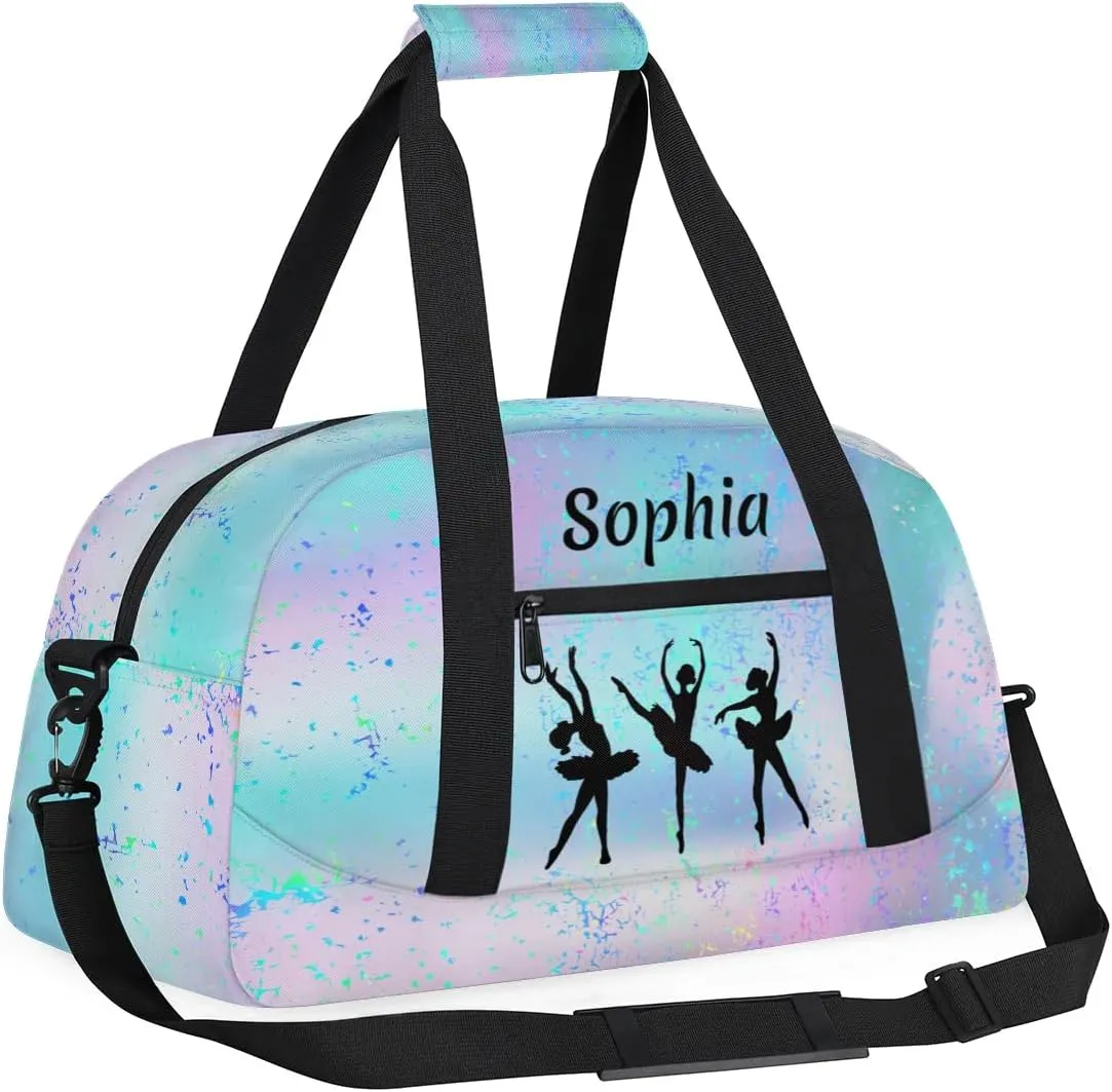 Personalized Dance Bag Girl Sport Duffel Bag, Custom Kids Gym Bag, Customize Travel Duffle Bag with Name, Overnight Weekender Bags,Gradient Teal Pink, Dance Gifts