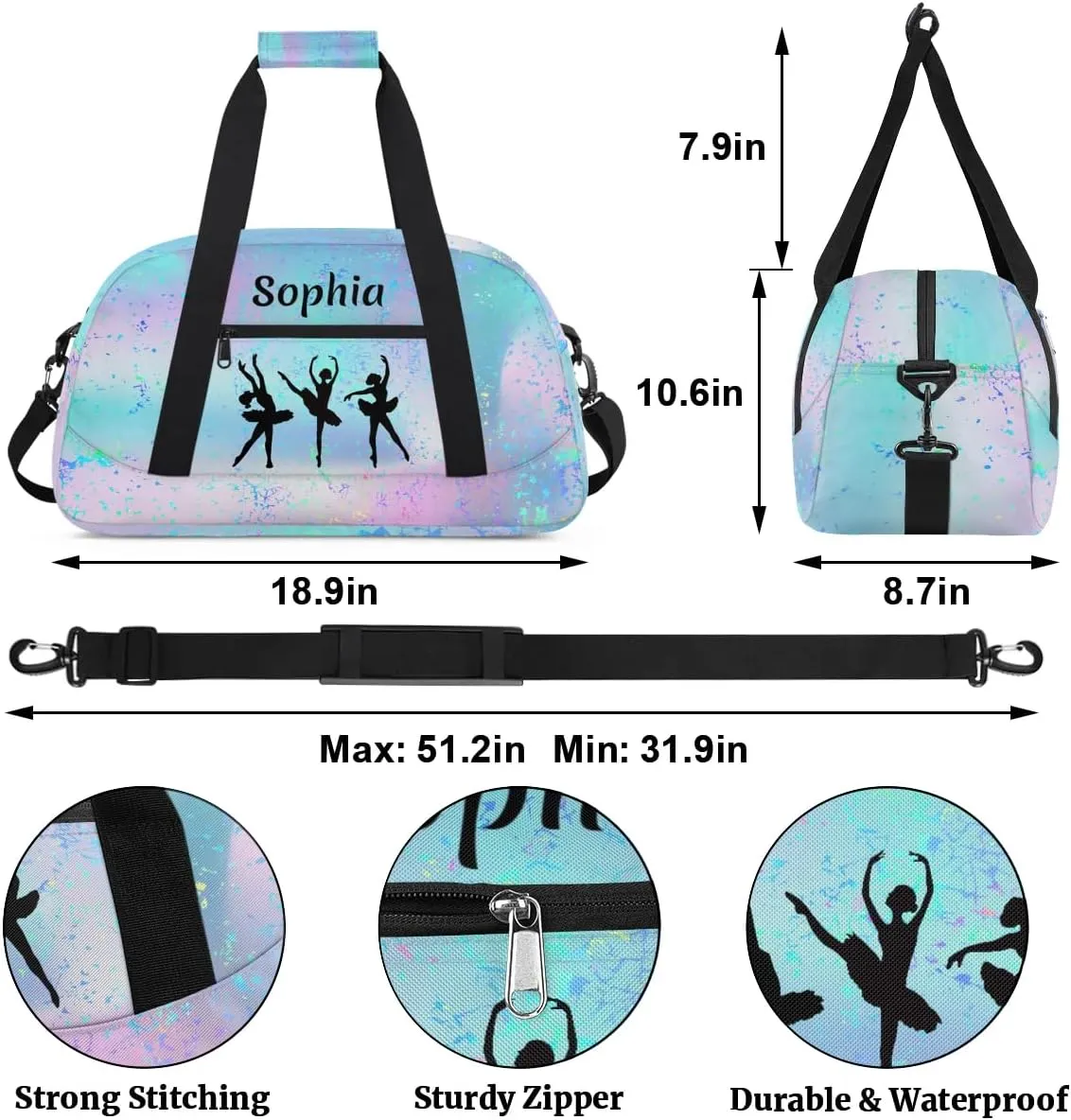 Personalized Dance Bag Girl Sport Duffel Bag, Custom Kids Gym Bag, Customize Travel Duffle Bag with Name, Overnight Weekender Bags,Gradient Teal Pink, Dance Gifts