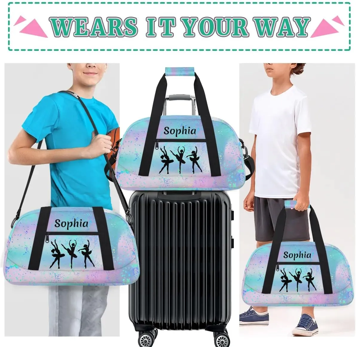 Personalized Dance Bag Girl Sport Duffel Bag, Custom Kids Gym Bag, Customize Travel Duffle Bag with Name, Overnight Weekender Bags,Gradient Teal Pink, Dance Gifts