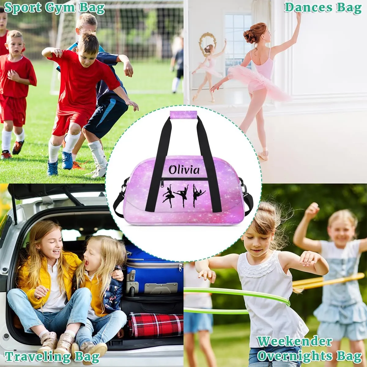 Personalized Dance Bag Girl Sport Duffel Bag, Custom Kids Gym Bag, Customize Travel Duffle Bag with Name, Overnight Weekender Bags,Nebula Pink Galaxy, Dance Gifts