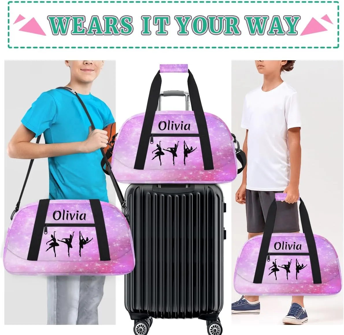 Personalized Dance Bag Girl Sport Duffel Bag, Custom Kids Gym Bag, Customize Travel Duffle Bag with Name, Overnight Weekender Bags,Nebula Pink Galaxy, Dance Gifts