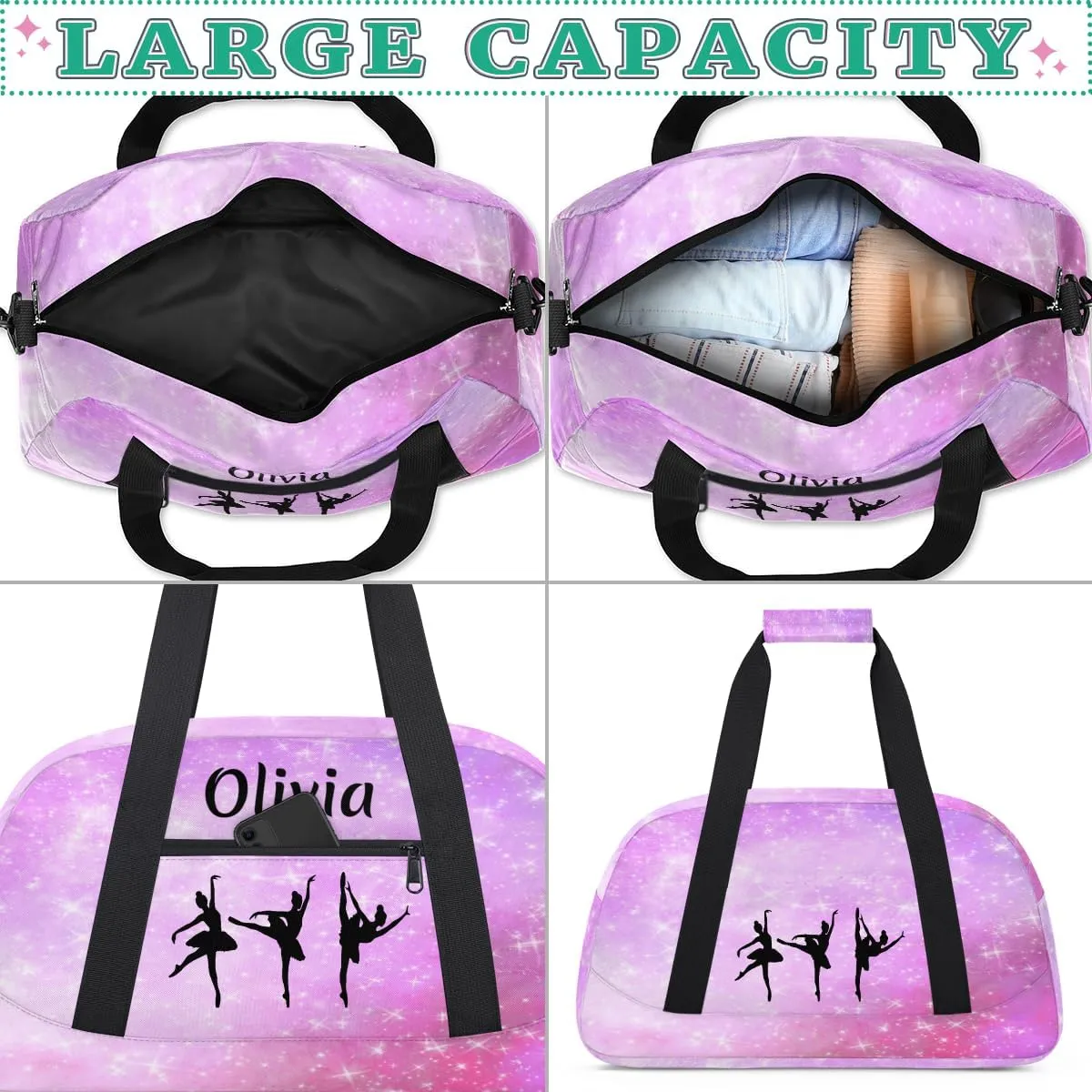Personalized Dance Bag Girl Sport Duffel Bag, Custom Kids Gym Bag, Customize Travel Duffle Bag with Name, Overnight Weekender Bags,Nebula Pink Galaxy, Dance Gifts