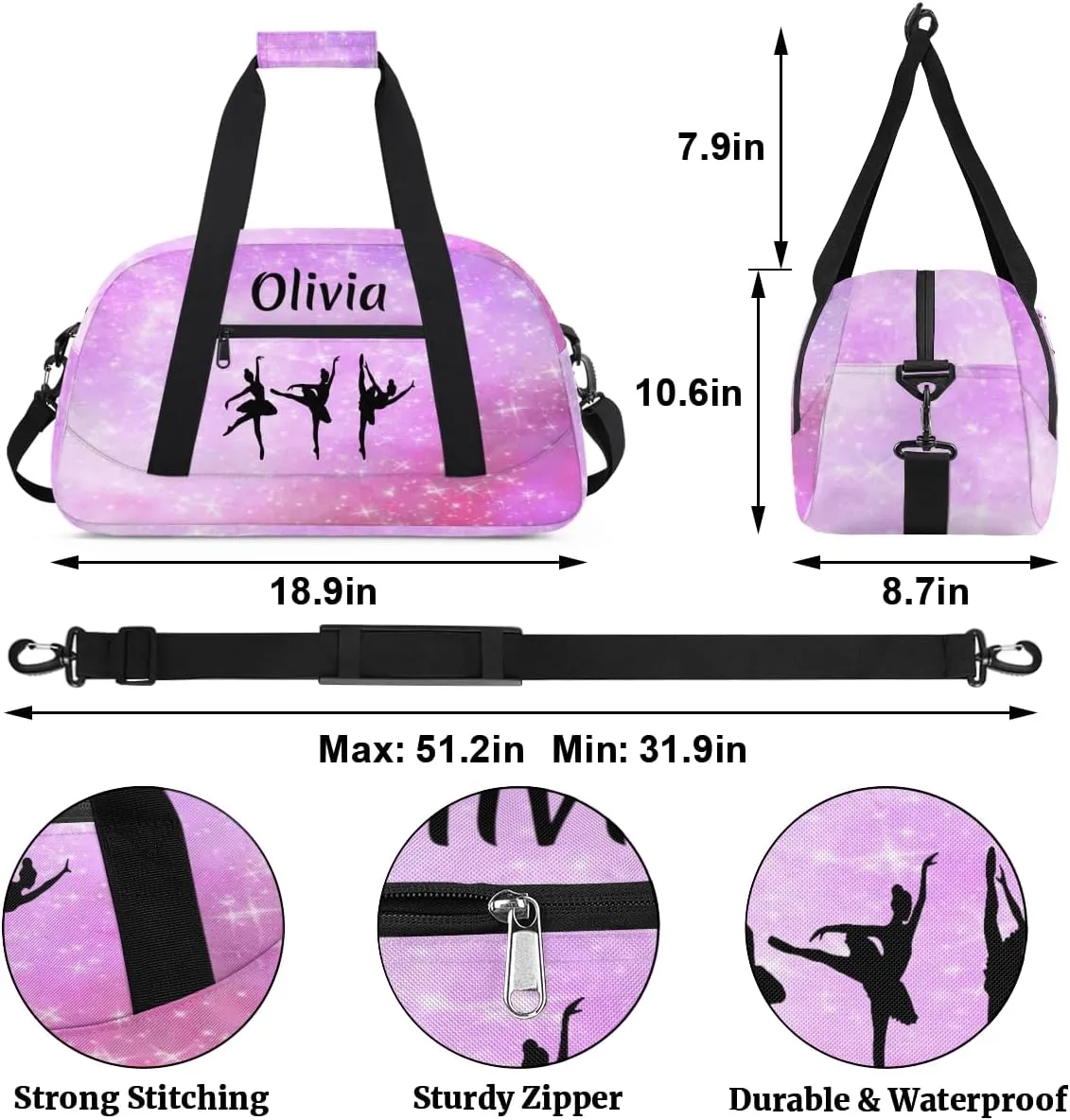 Personalized Dance Bag Girl Sport Duffel Bag, Custom Kids Gym Bag, Customize Travel Duffle Bag with Name, Overnight Weekender Bags,Nebula Pink Galaxy, Dance Gifts