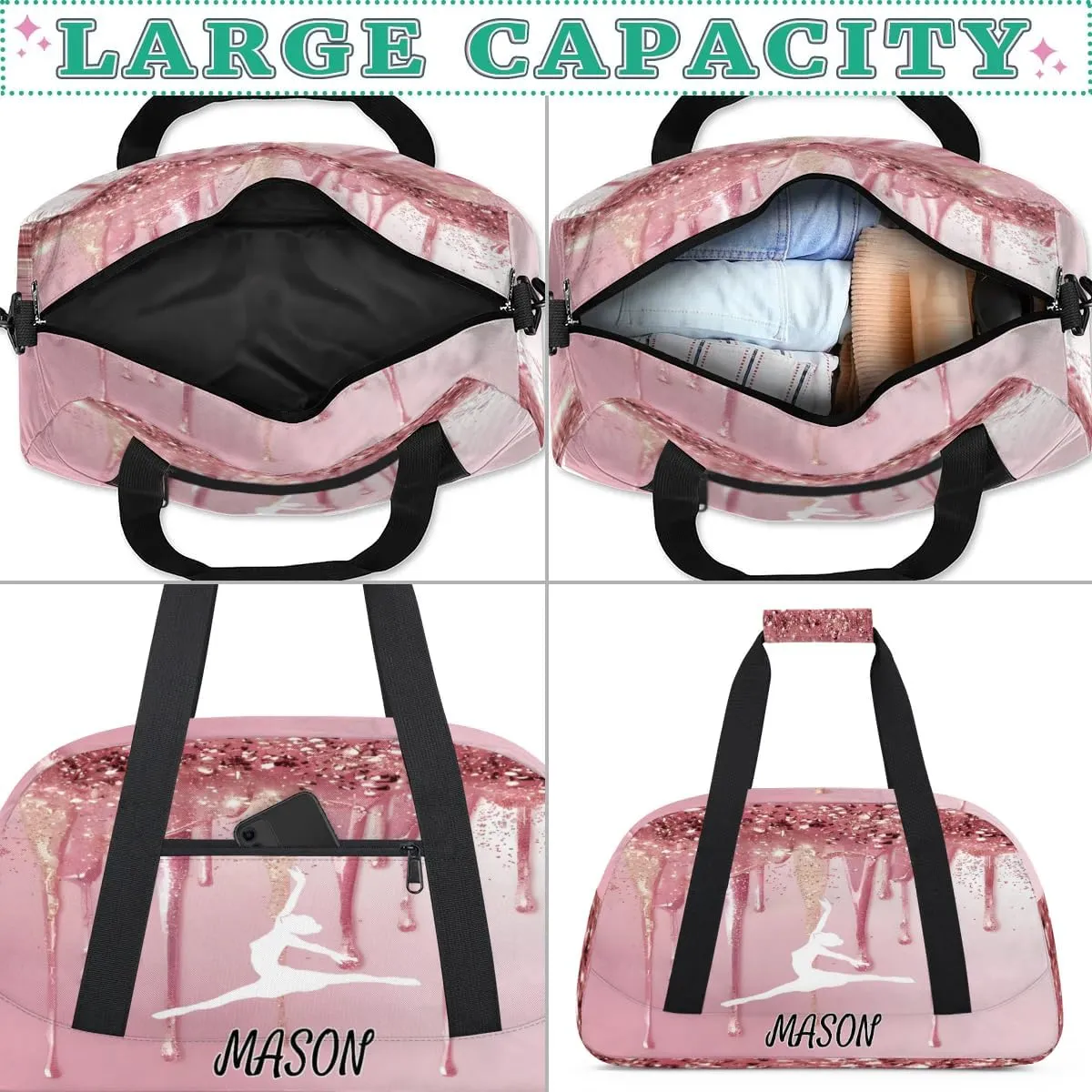 Personalized Dance Bag Gym Bag with Name for Women, Custom Sport Duffel Bag Overnight Weekender Bags Travel Duffel Bag with Dancing Silhouette, Fluids Pink