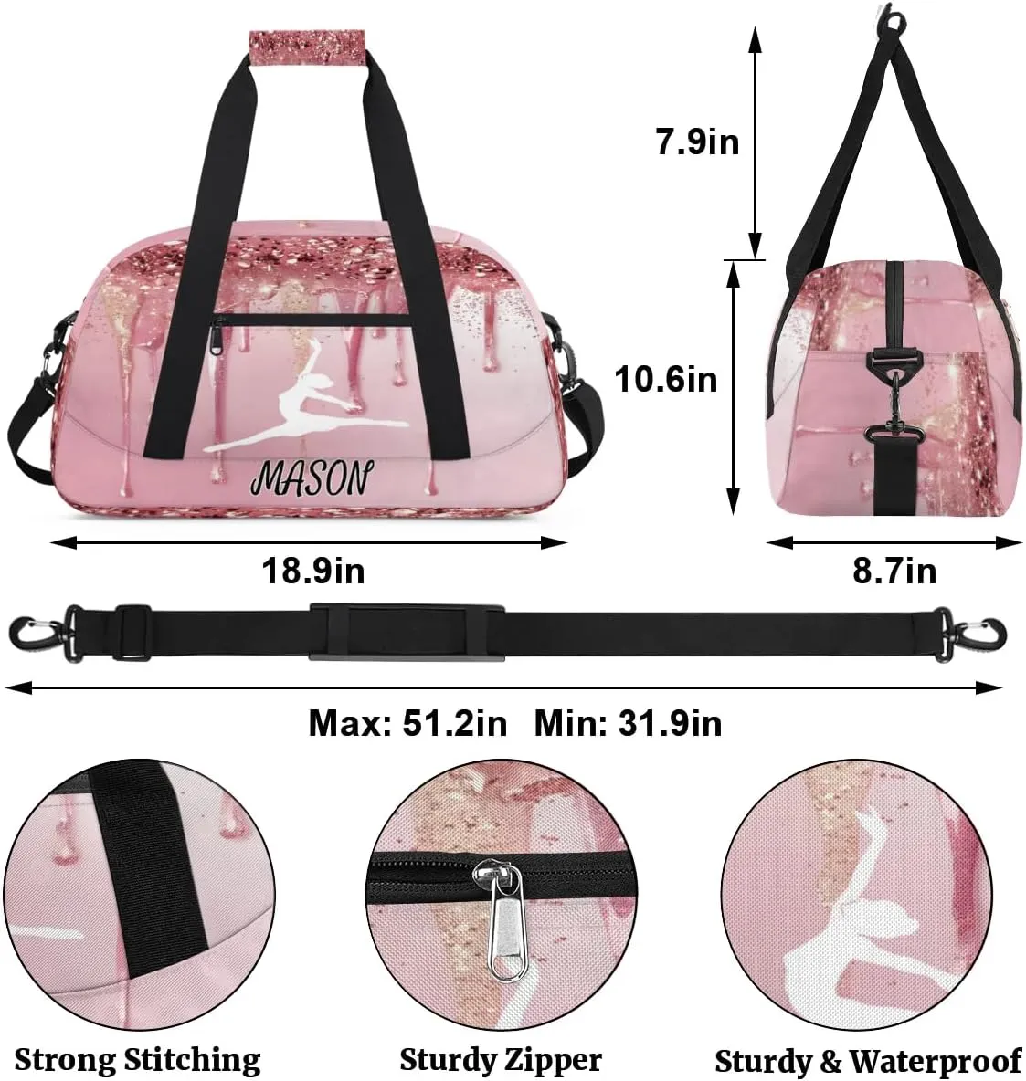 Personalized Dance Bag Gym Bag with Name for Women, Custom Sport Duffel Bag Overnight Weekender Bags Travel Duffel Bag with Dancing Silhouette, Fluids Pink