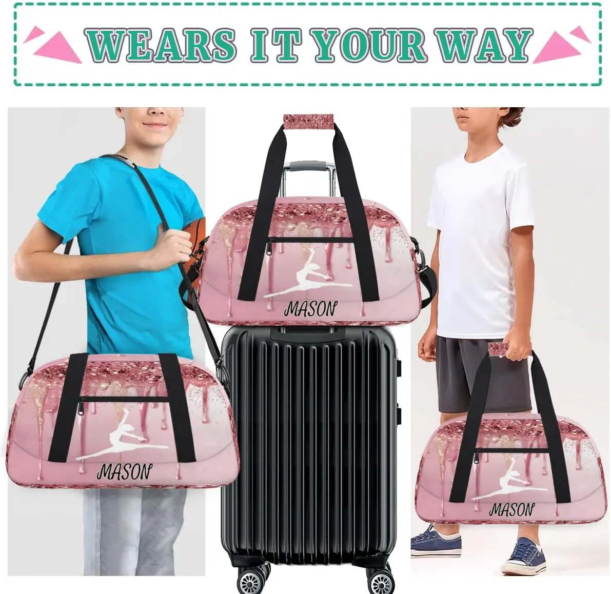 Personalized Dance Bag Gym Bag with Name for Women, Custom Sport Duffel Bag Overnight Weekender Bags Travel Duffel Bag with Dancing Silhouette, Fluids Pink