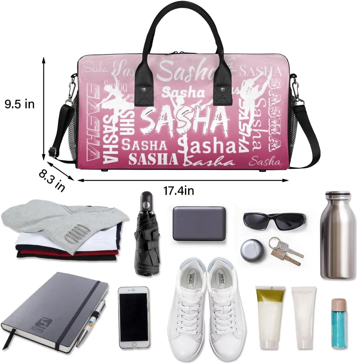 Personalized Dance Ballet Bag Sports Duffle Bags with Name, Custom Gym Bag for Women, Weekender Bags for Gymnastic Cheerleaders, Dark Pink Gradient