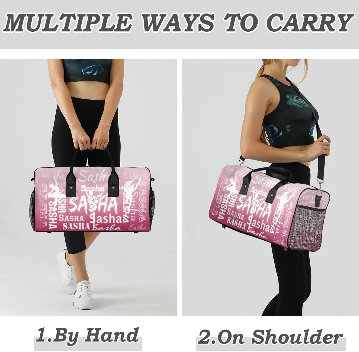 Personalized Dance Ballet Bag Sports Duffle Bags with Name, Custom Gym Bag for Women, Weekender Bags for Gymnastic Cheerleaders, Dark Pink Gradient