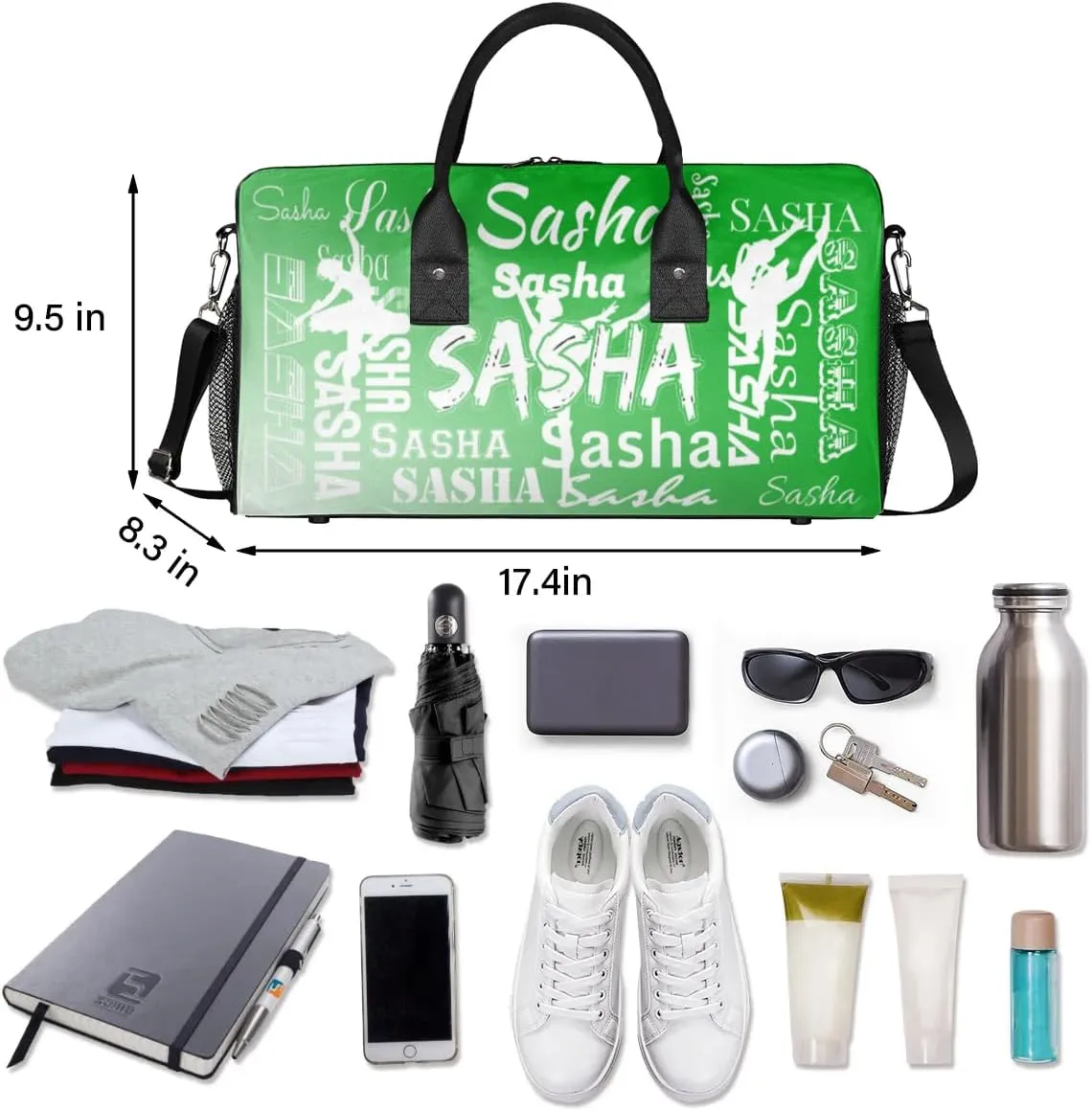 Personalized Dance Ballet Bag Sports Duffle Bags with Name, Custom Gym Bag for Women, Weekender Bags for Gymnastic Cheerleaders, Grass Green Gradient