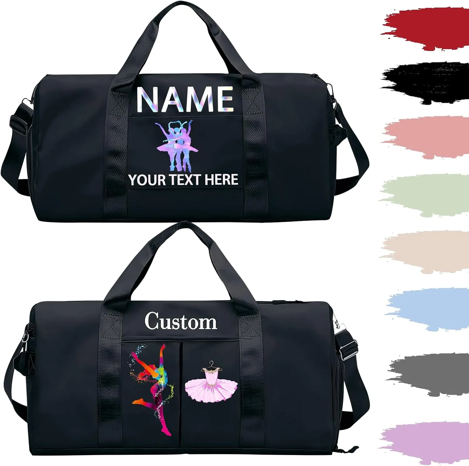 Personalized Dance Duffle Bag Printed Name Text Photo for Women Girls Custom Sport Gym Travel Bags Customized Dry Wet Separated Overnight Weekender Waterproof Bag Gift-Black