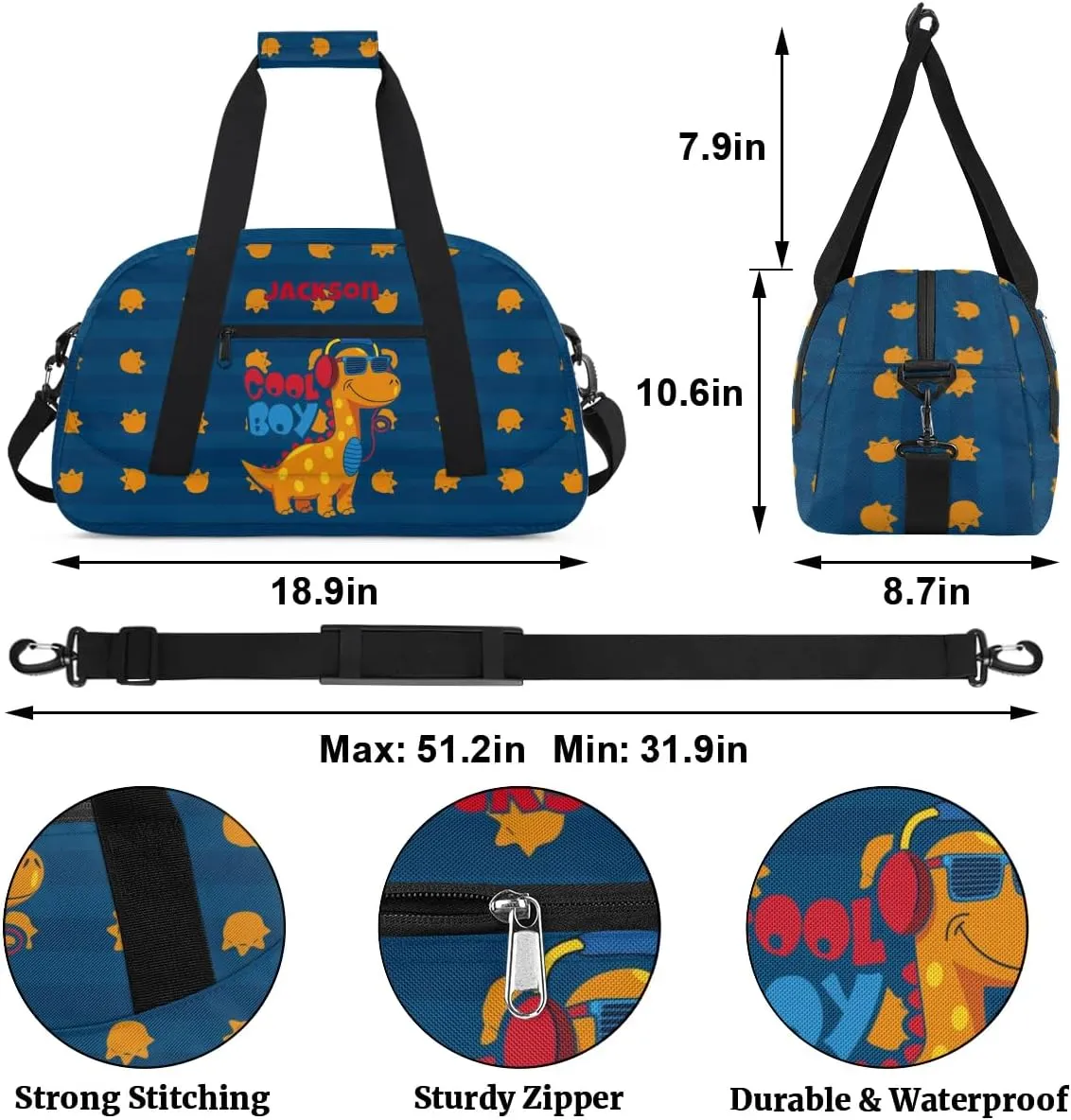 Personalized Duffel Bag for Kids Girls Boys, Cute Dinosaur Custom Name Gym Bag Overnight with Padded Handles Carry On Weekend Sports Travel Bag for School Practice Gymnastics Ballet
