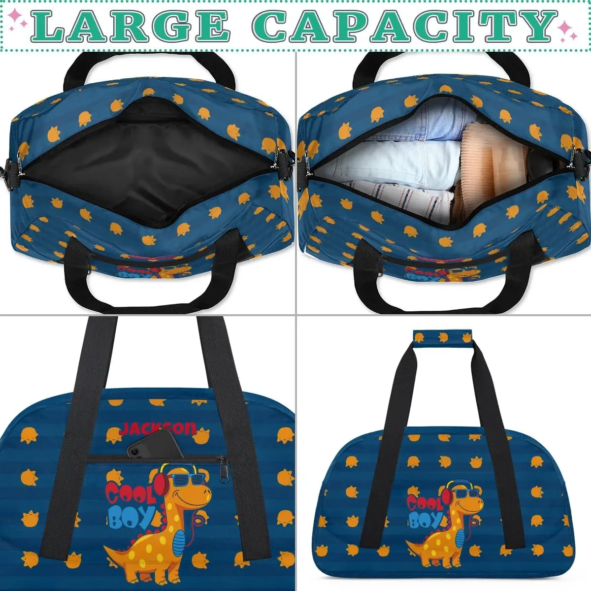 Personalized Duffel Bag for Kids Girls Boys, Cute Dinosaur Custom Name Gym Bag Overnight with Padded Handles Carry On Weekend Sports Travel Bag for School Practice Gymnastics Ballet