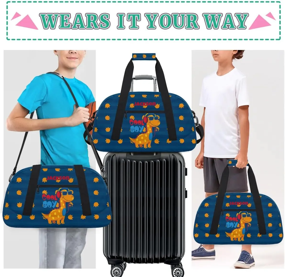 Personalized Duffel Bag for Kids Girls Boys, Cute Dinosaur Custom Name Gym Bag Overnight with Padded Handles Carry On Weekend Sports Travel Bag for School Practice Gymnastics Ballet