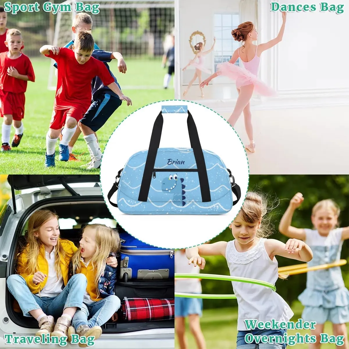 Personalized Duffel Bag for Kids Girls Boys, Dinosaur Wave Custom Name Gym Bag Overnight with Padded Handles Carry On Weekend Sports Travel Bag for School Practice Gymnastics Ballet