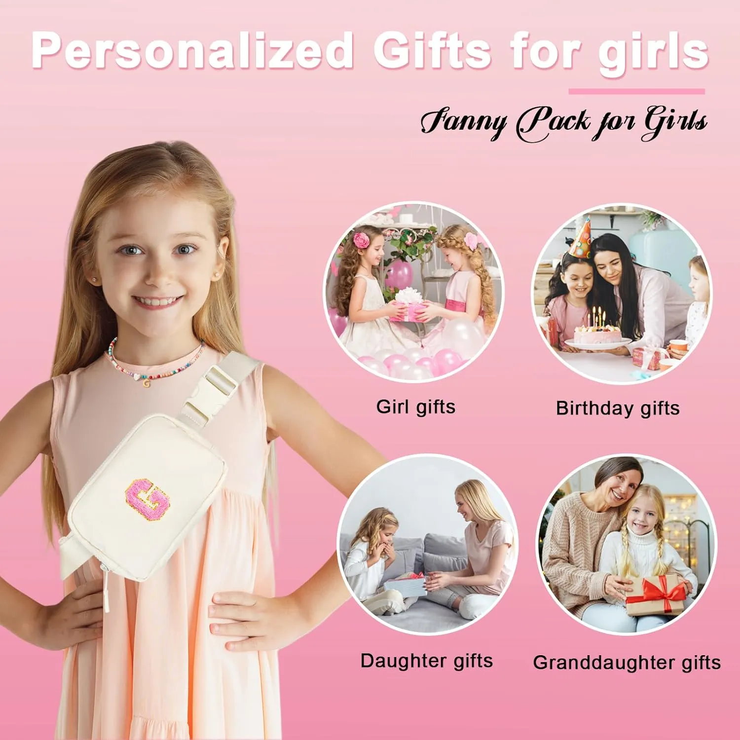 Personalized Fanny Pack for Girls, Gift Sets for Teen Girls, Birthday Gifts for 4 5 6 7 8 9 10 11 12 13 Year Old Girl, Initial Crossbody Bag Belt Bag for Girl Kids (G)