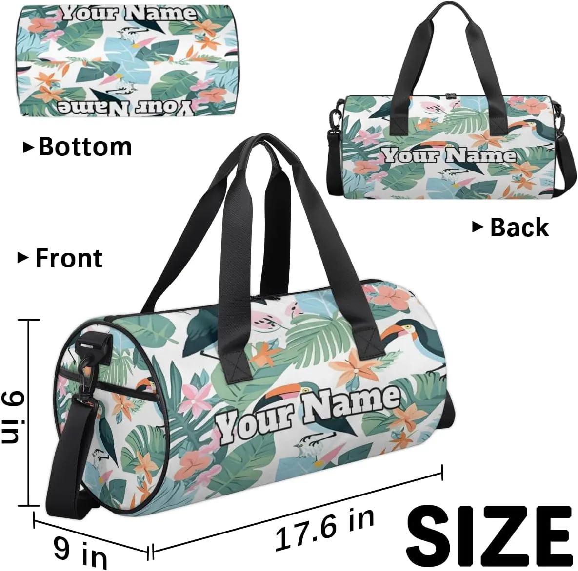 Personalized Floral Birds Sport Gym Bag, Custom Name Duffel Bags for Men, Waterproof Custom Sport Duffel Bag, Gymnastics Dance, Tropical Palm Leaves