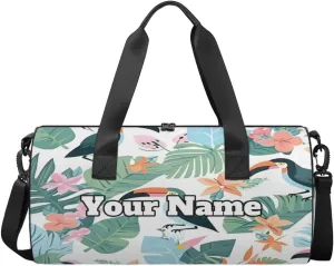 Personalized Floral Birds Sport Gym Bag, Custom Name Duffel Bags for Men, Waterproof Custom Sport Duffel Bag, Gymnastics Dance, Tropical Palm Leaves