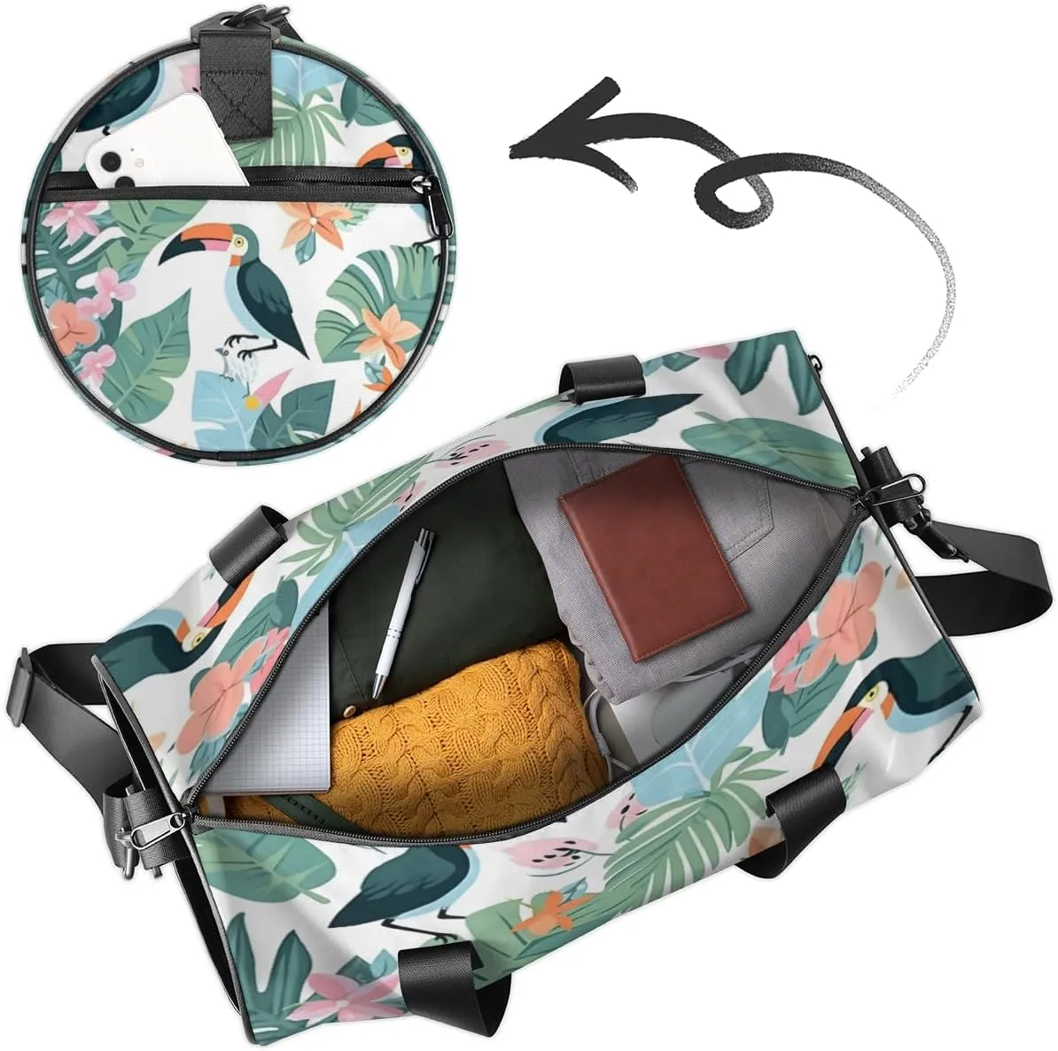 Personalized Floral Birds Sport Gym Bag, Custom Name Duffel Bags for Men, Waterproof Custom Sport Duffel Bag, Gymnastics Dance, Tropical Palm Leaves