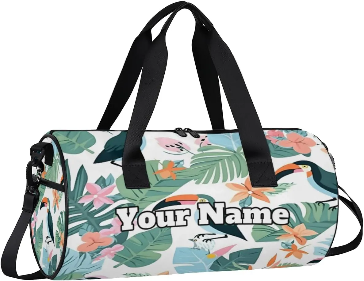 Personalized Floral Birds Sport Gym Bag, Custom Name Duffel Bags for Men, Waterproof Custom Sport Duffel Bag, Gymnastics Dance, Tropical Palm Leaves