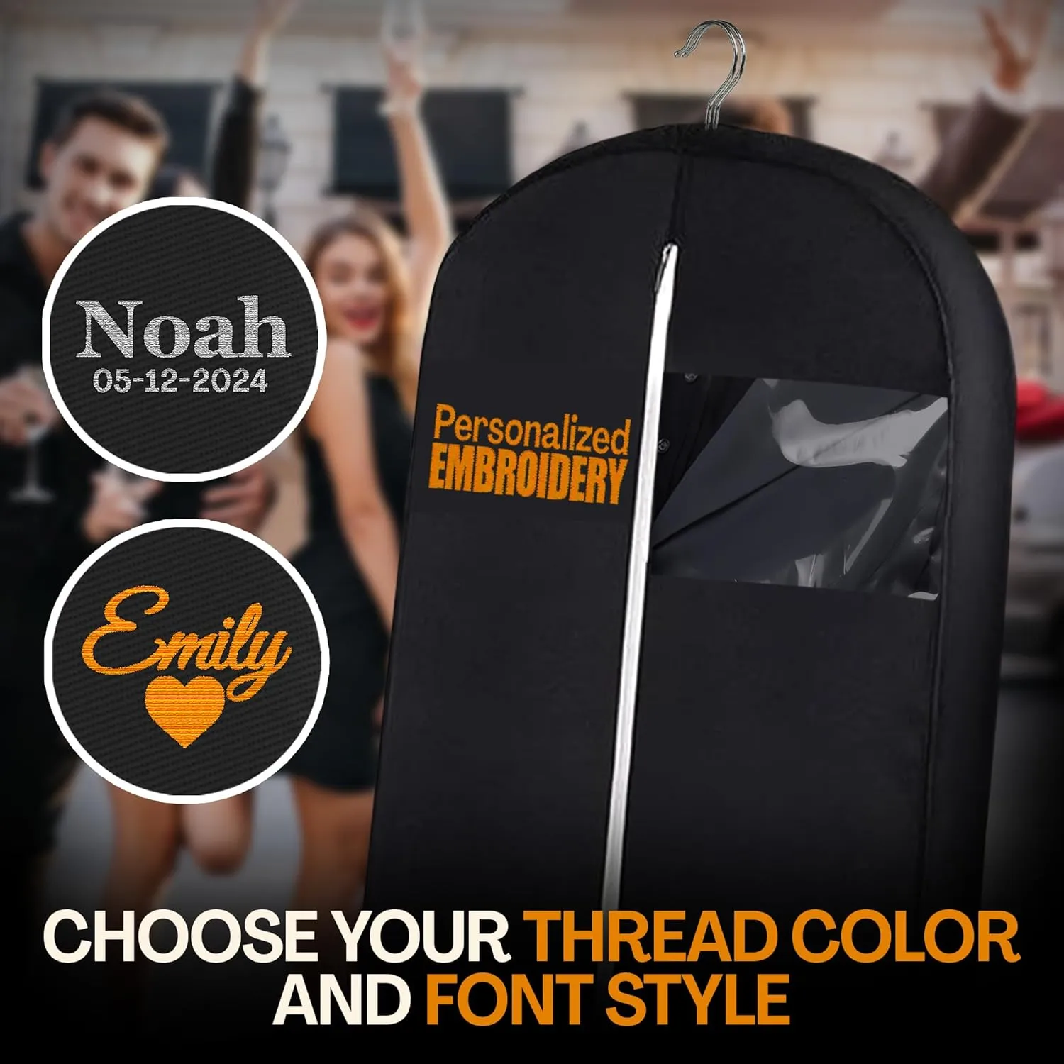 Personalized Garment bag for Prom Dress & Prom Suits Outfit, Custom Black Dress Bags for Closet Storage with 2 Mesh Pockets for Boys & Girls - Ideal Carry On Outfit Garment Bag with Carry Handles