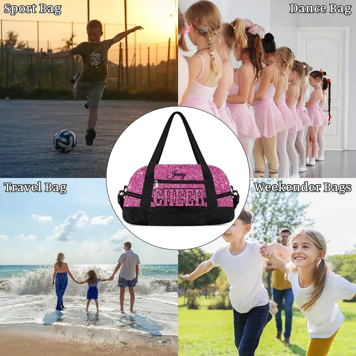 Personalized Glitter Cheer Bag Girls,Foldable Kids Duffel Bag Sports Bag Gym Custom Team Gift Weekender Bags Overnight Travel Lightweight Gymnastics Bag,Rose Red