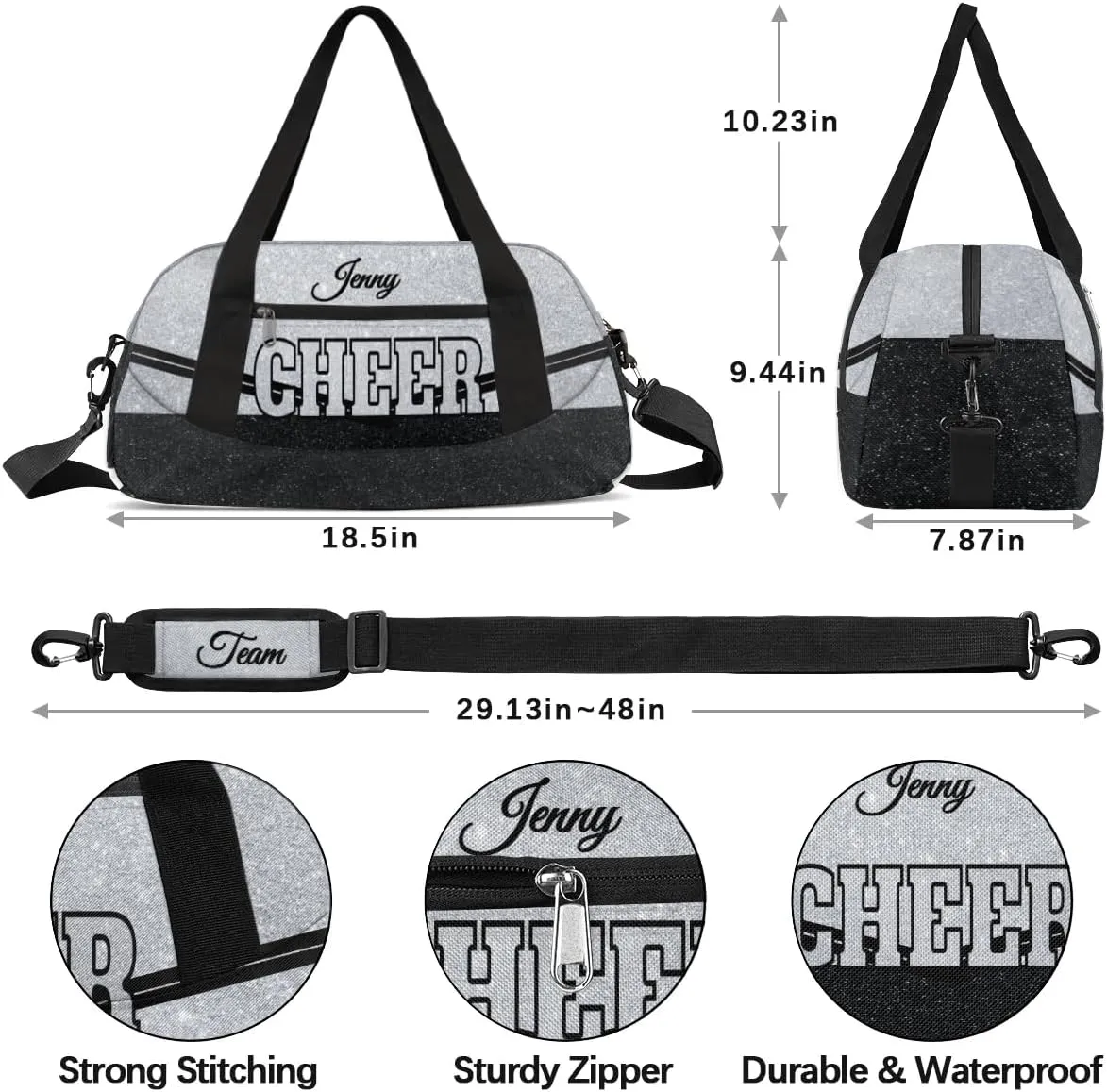 Personalized Glitter Cheer Bag Girls,Foldable Kids Duffel Bag Sports Bag Gym Custom Team Gift Weekender Bags Overnight Travel Lightweight Gymnastics Bag,Silvery