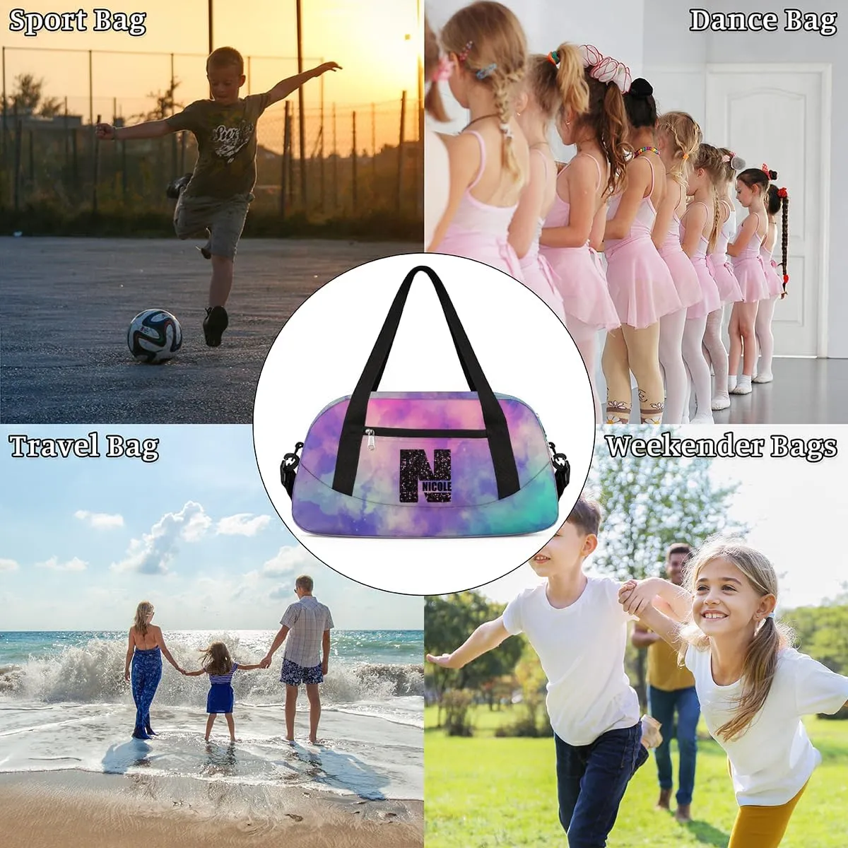 Personalized Gym Bag for Girls Teens, Custom Dance Bag Overnight Small Duffel Bag Carry On Weekend Sports Travel Bag for School Practice Gymnastics Ballet, Dark Blue Purple Watercolor-N