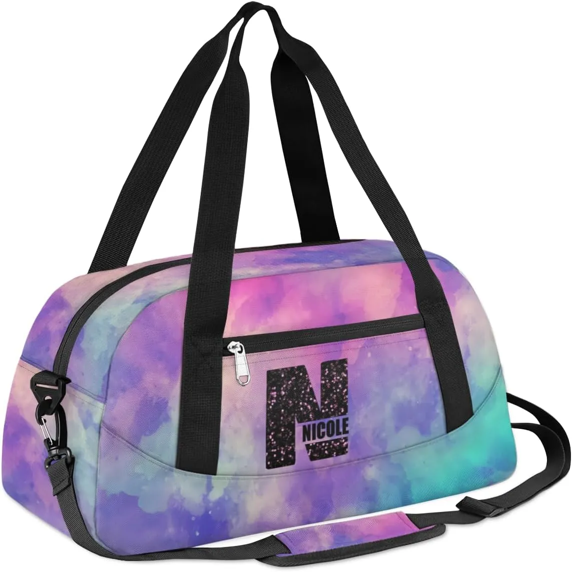 Personalized Gym Bag for Girls Teens, Custom Dance Bag Overnight Small Duffel Bag Carry On Weekend Sports Travel Bag for School Practice Gymnastics Ballet, Dark Blue Purple Watercolor-N