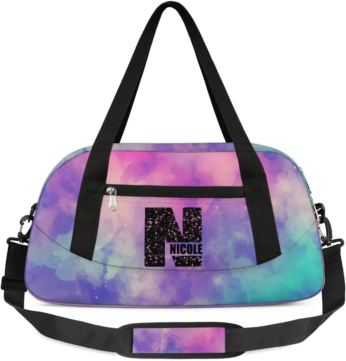 Personalized Gym Bag for Girls Teens, Custom Dance Bag Overnight Small Duffel Bag Carry On Weekend Sports Travel Bag for School Practice Gymnastics Ballet, Dark Blue Purple Watercolor-N