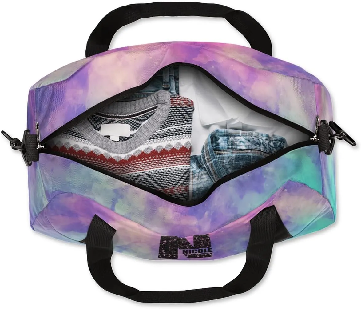 Personalized Gym Bag for Girls Teens, Custom Dance Bag Overnight Small Duffel Bag Carry On Weekend Sports Travel Bag for School Practice Gymnastics Ballet, Dark Blue Purple Watercolor-N