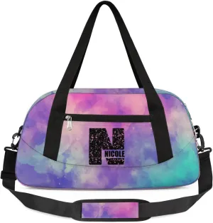 Personalized Gym Bag for Girls Teens, Custom Dance Bag Overnight Small Duffel Bag Carry On Weekend Sports Travel Bag for School Practice Gymnastics Ballet, Dark Blue Purple Watercolor-N
