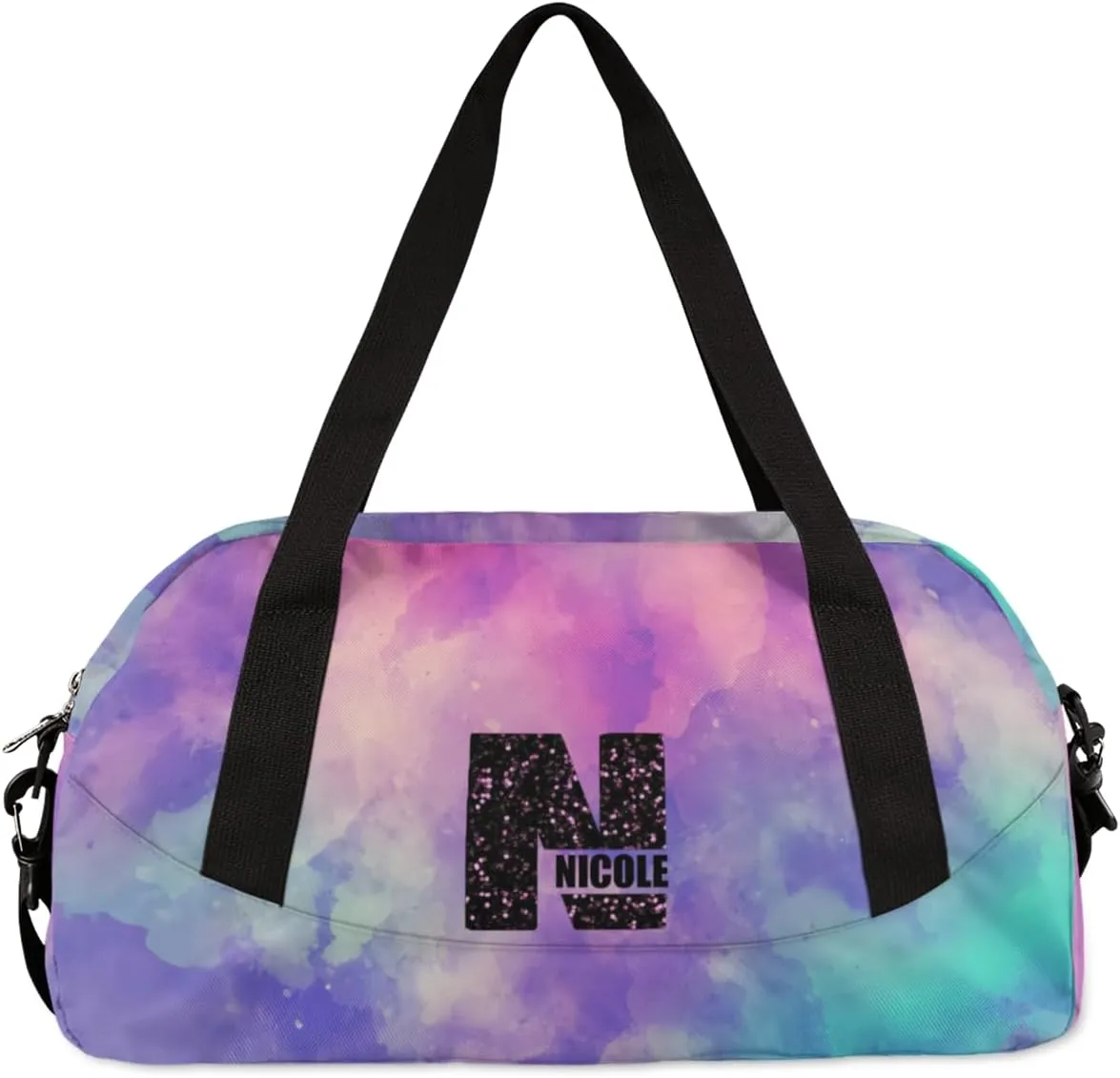Personalized Gym Bag for Girls Teens, Custom Dance Bag Overnight Small Duffel Bag Carry On Weekend Sports Travel Bag for School Practice Gymnastics Ballet, Dark Blue Purple Watercolor-N