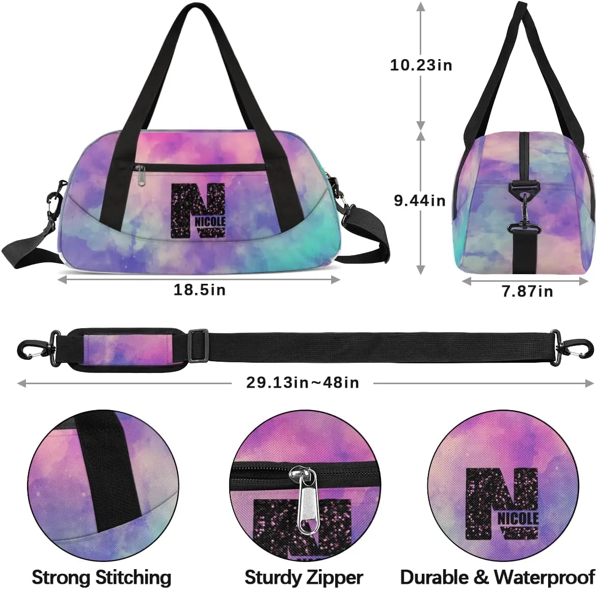 Personalized Gym Bag for Girls Teens, Custom Dance Bag Overnight Small Duffel Bag Carry On Weekend Sports Travel Bag for School Practice Gymnastics Ballet, Dark Blue Purple Watercolor-N