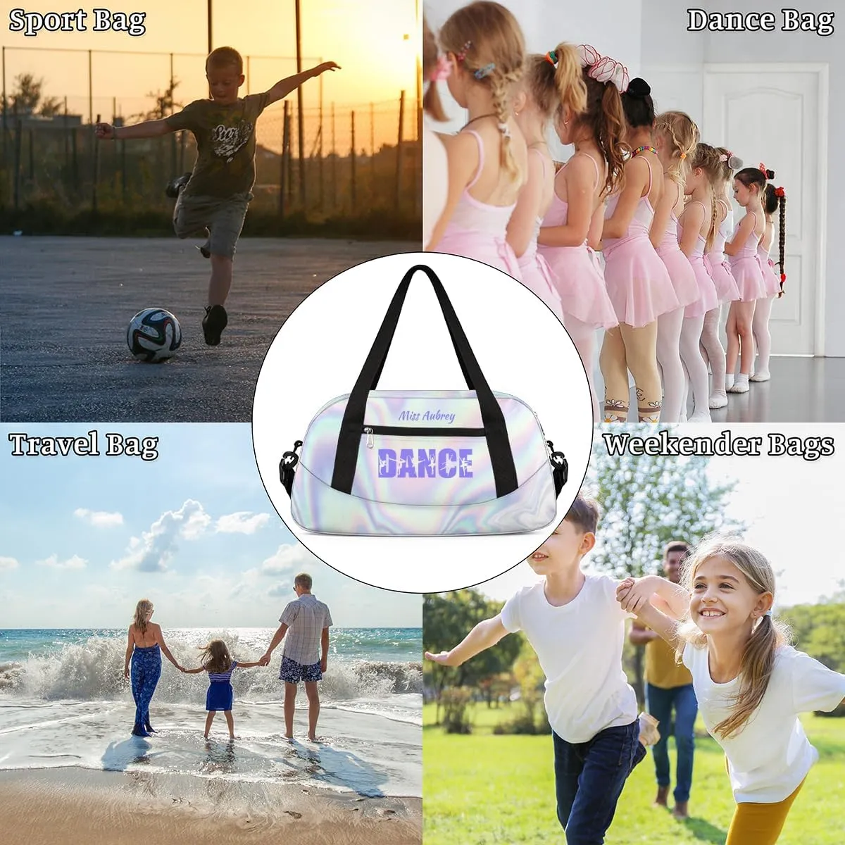 Personalized Gym Bag for Girls Teens, Custom Dance Bag Overnight Small Duffel Bag Carry On Weekend Sports Travel Bag for School Practice Gymnastics Ballet, Purple Neon